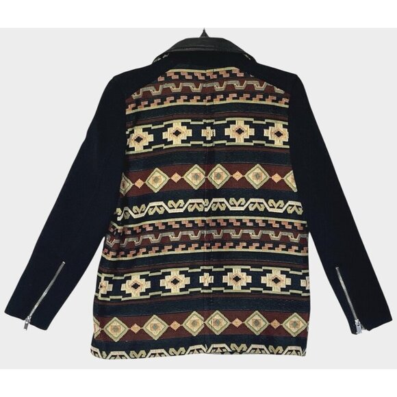 Zara Black Genuine Leather Aztec Southwestern Tapestry Boho Moto Zip Jacket - Picture 5 of 15